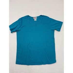 Bridge Gate Womens Teal Blue Embroidered Floral Neckline Short Sleeve Top Size L